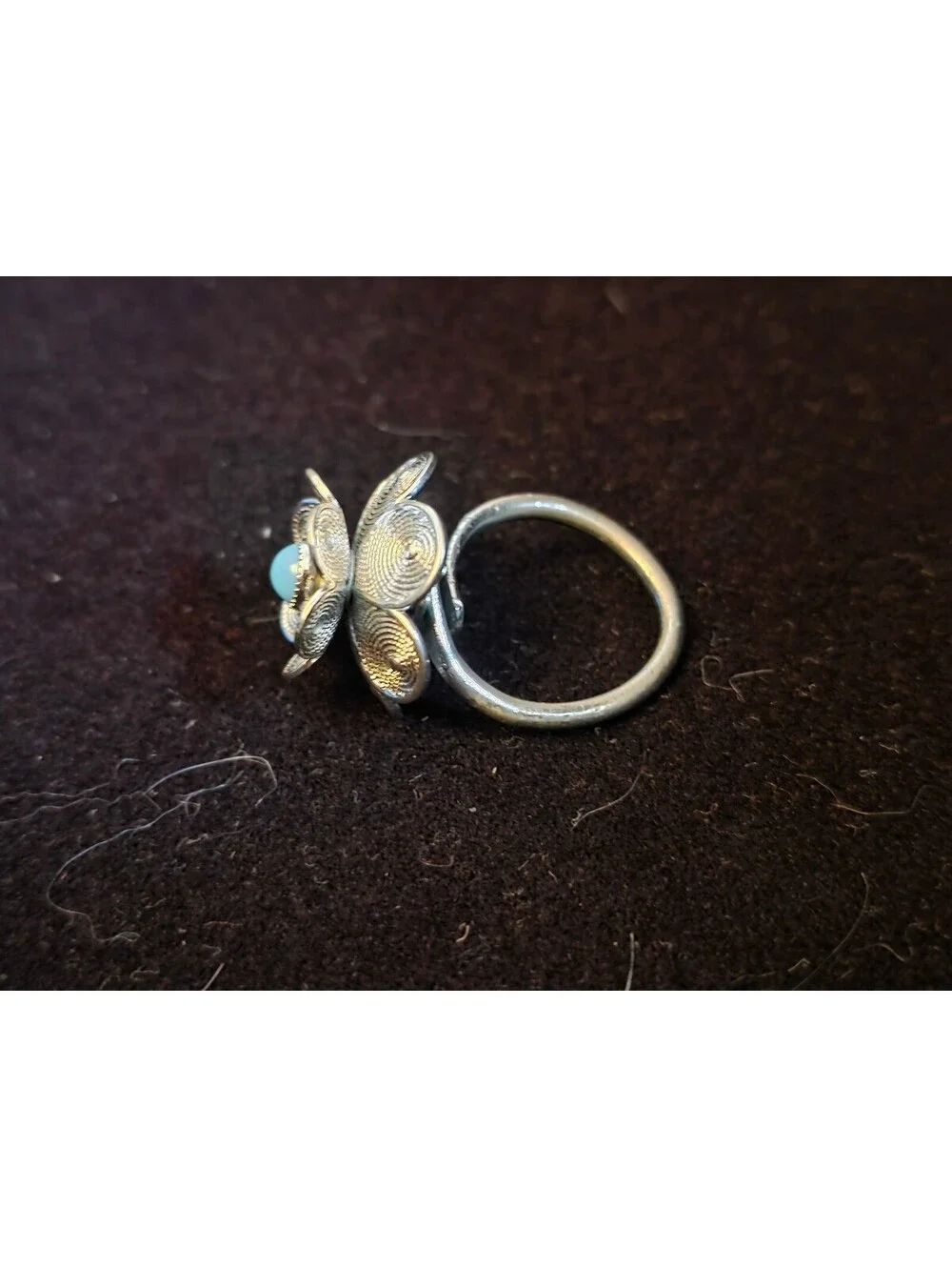 Vintage 1970s Sarah Coventry Silver Flower Filigree Ring with Turquoise Cabochon